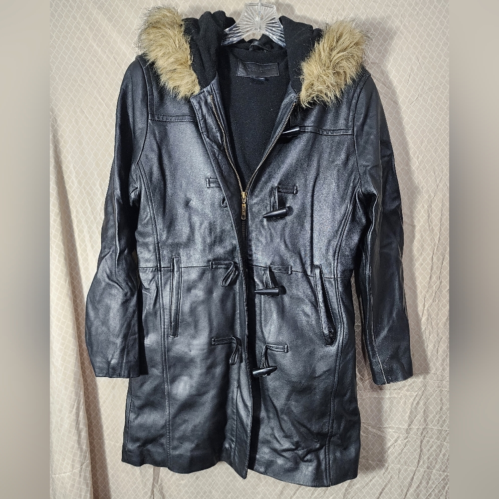 Jaclyn Smith Classic Black Leather Faux Fur Hooded Women's Coat Small